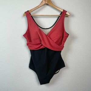 Aquamore One Piece Swimsuit Women Sz 18W Red Black Colorblock Textured Modest